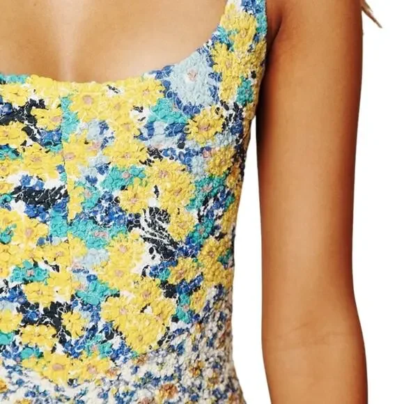 Free People English Garden Smocked Floral Print Dress XS Yellow Blue Boho Mini - Picture 8 of 8